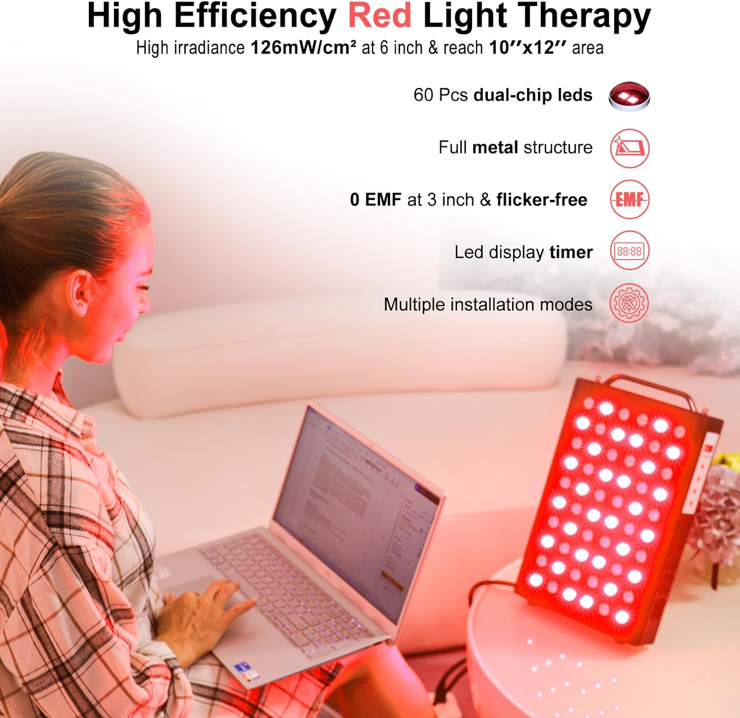 BONTANNY Red Light Therapy Device for Face/Body, Red Near Infrared 660nm 850nm with Timer 60 Clinical Grade LEDs High Power Panel lamp for Skin Pain Relief Anti-Aging Improve Sleep(100W)